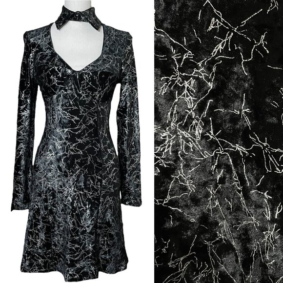 Vintage Dresses & Skirts - Metallic Velvet Choker Dress M Lightning Silver Crushed A-Line Cutout Skater